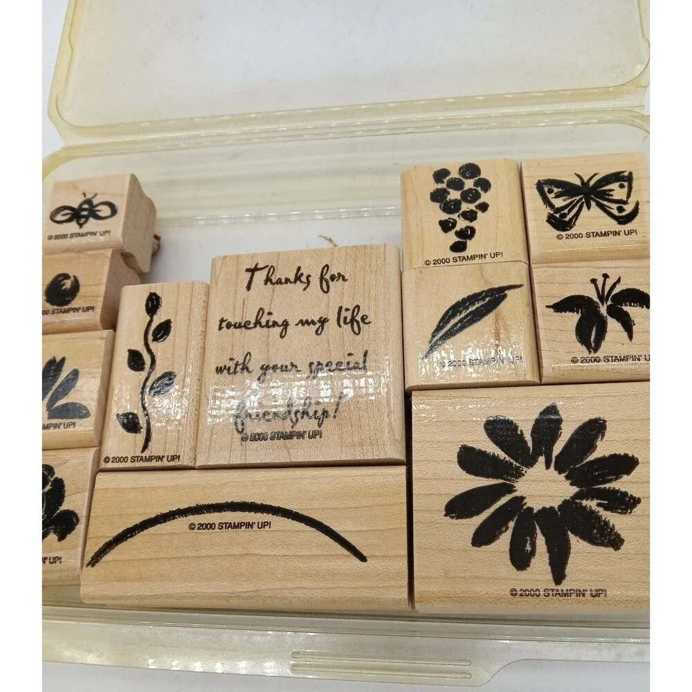 Vtg 2000 Stampin Up! Set of 12 Botanical Nature & Friendship Wood Rubber Stamps